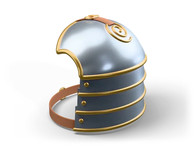 Stylized steel pauldron with a domed cap, brass spiral emblem, three overlapping lames with brass edges and leather straps with brass buckles