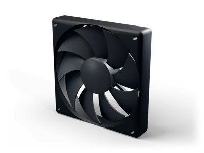 Black square PC case fan with corner mounting holes and curved black rotor blades around a round hub