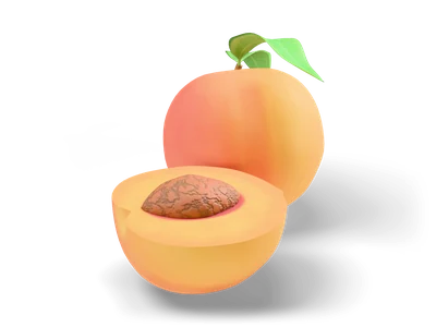 Stylized peach with red blush and two green leaves next to a peach half with its brown stone