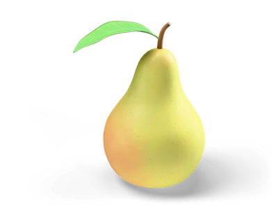 Stylized green yellow pear with a red blush, a curved brown stem and one green leaf