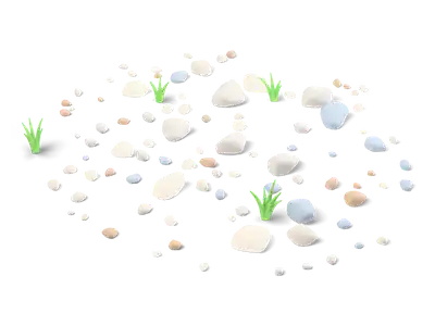 Round patch of many small grey, cream, blue and tan pebbles with a few green grass tufts
