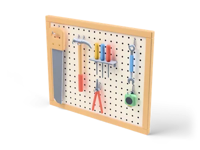 Pegboard in a light wooden frame with a saw, hammer, three colored screwdrivers, spanner, red pliers and green tape measure