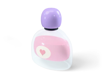 Oval clear glass perfume bottle with pink liquid, a heart label and a lavender ball cap