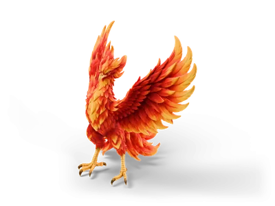 Stylized phoenix standing with raised wings and layered feathers fading from crimson to orange and gold