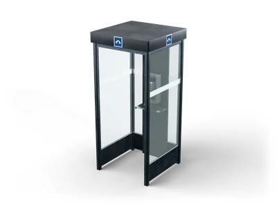 Cabina telefónica abierta de vidrio con marco de aluminio oscuro, teléfono de tarjeta y rótulos