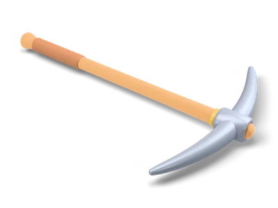 Stylized pickaxe with curved silver steel head, honey wood handle, leather grip and a thin gold ring below the head