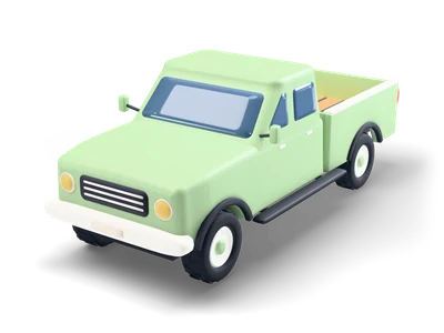Sage-green double-cab pickup truck with round headlights, white bumpers, black running boards and a wooden bed floor