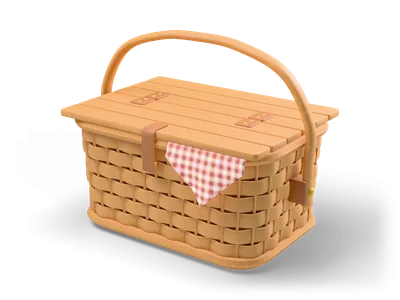 Wicker picnic basket with wooden handle, two wooden lids and a red and white checkered cloth