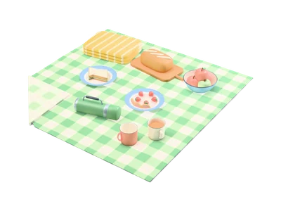 Green and white checked blanket with sandwiches, strawberries, bread, a bowl of apples, mugs and a green flask