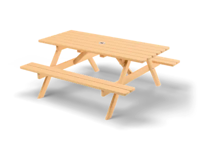 Heller Holz-Picknicktisch mit angebauten Bänken, A-förmigen Beinen und Schirmloch in der Tischplatte