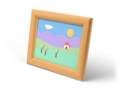 Wooden picture frame on a stand showing a pastel landscape with sun, mountains, a little house and trees