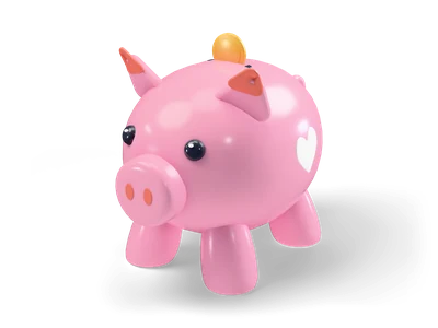 Glossy pink piggy bank with button eyes, coral snout, a white heart on its side and a gold coin in the slot