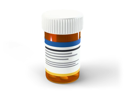 Bote de pastillas ámbar con tapa blanca estriada y etiqueta blanca con bandas azul y amarilla