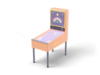 Peach pinball machine with a lilac playfield under glass, round bumpers and a backbox showing a glowing rainbow and stars