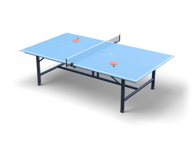 Sky blue ping pong table with white lines, a net and two coral paddles on a dark frame