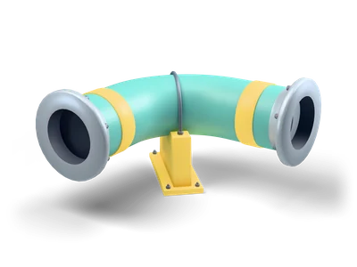 Teal 90 degree pipe elbow with two grey steel flanges and a yellow support below the bend