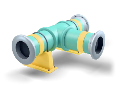 Teal pipe tee junction with a cast centre fitting, three grey flanges and two yellow supports