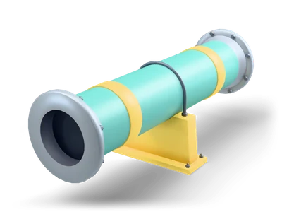 Straight teal industrial pipe with grey bolted flanges, yellow bands and a yellow saddle support