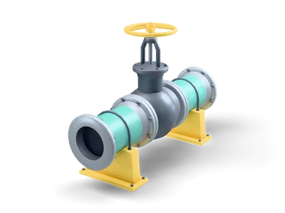 Teal pipe section with a dark gate valve, bolted flanges and a yellow handwheel on top