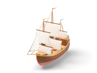 Stylized three-masted pirate galleon with cream sails, colored pennants, brown hull and red-and-blue waterline