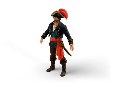 Piratenkapitän mit Federdreispitz, marineblauem Rock mit Messingknöpfen, Weste in Petrol, korallenroter Schärpe und Entersäbel, stehend in A-Pose