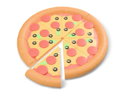 Stylized pepperoni pizza with olives and basil, cut into slices with one slice pulled slightly out