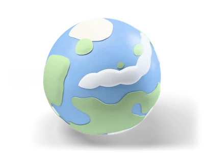Stylized blue planet with raised green continents, white polar ice caps and puffy white cloud bands