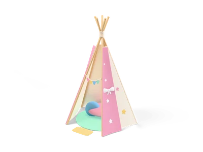 Cream teepee play tent with pastel stars, pink door flaps tied back, bunting, and a mint mat and cushions inside