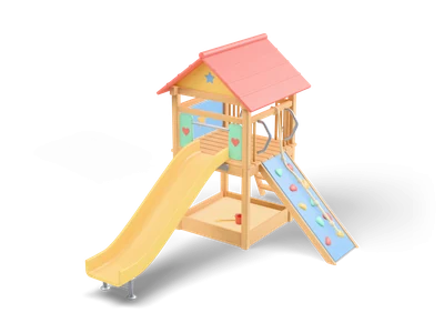 Holz-Spielturm mit korallfarbenem Dach, gelber Rutsche, blauer Kletterrampe mit Griffen und kleinem Sandkasten darunter