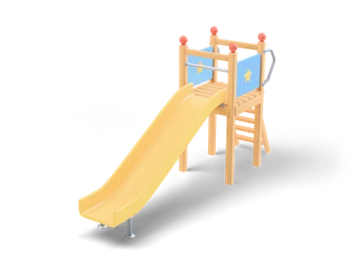 Kinderrutsche mit Holzturm, blauen Sternpaneelen, Leiter hinten und langer, glänzend gelber Rutschbahn