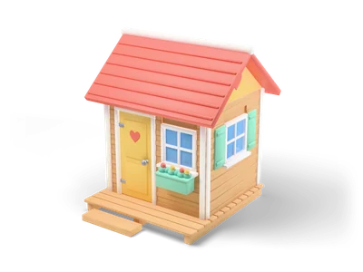 Kleines Holz-Spielhaus mit korallfarbenem Schindeldach, gelber Tür mit Herz, Blumenkasten und grünen Fensterläden