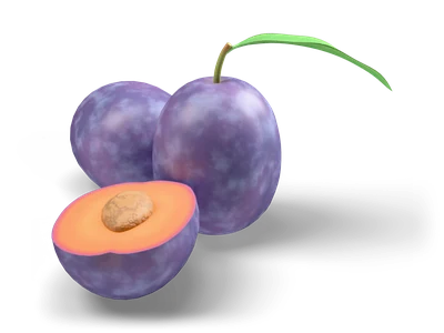 Two stylized dark purple plums with a leaf next to a plum half with golden flesh and a brown stone