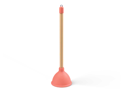 Coral rubber plunger with a light wooden handle standing upright on the floor