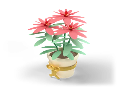 Potted poinsettia with red star shaped bracts and green leaves in a cream pot with a gold ribbon bow