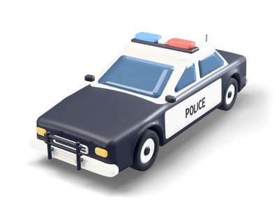 Stylized black-and-white police car with POLICE on the door, red and blue light bar and front push bar