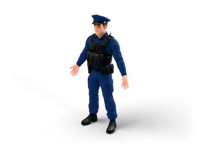 Stylized police officer in navy uniform and peaked cap with a black tactical vest, radio and duty belt