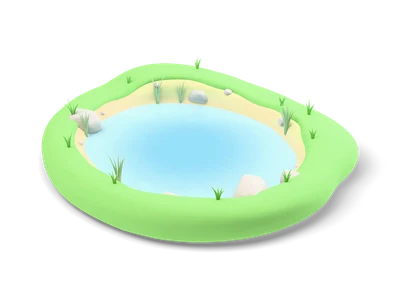 Round green meadow patch with a blue pond in the middle, a sandy rim, grey stones and reeds