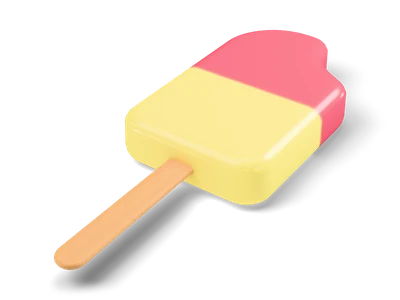 Red and yellow ice pop with a bite missing from the top, lying flat on a wooden stick