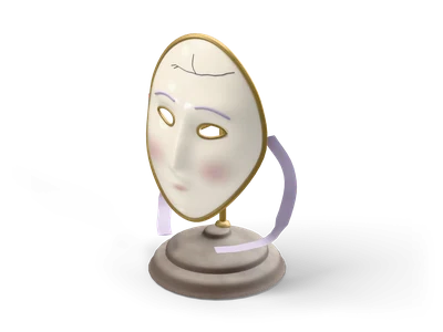 White porcelain face mask with gold rims and pink cheeks on a brass stand with lavender ribbons