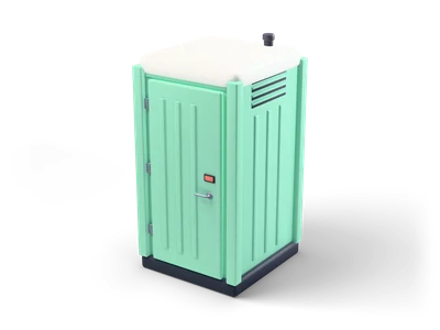 Mint green portable toilet cabin with a white rounded roof, vent slots and a closed ribbed door