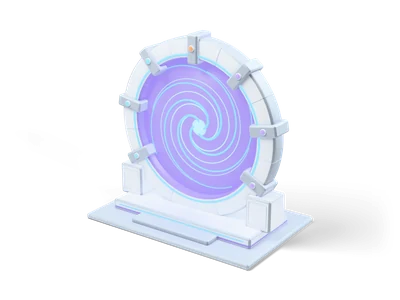 Large white ring gate with grey clamps and small lights around a glowing lilac portal with cyan swirl arms on a white platform