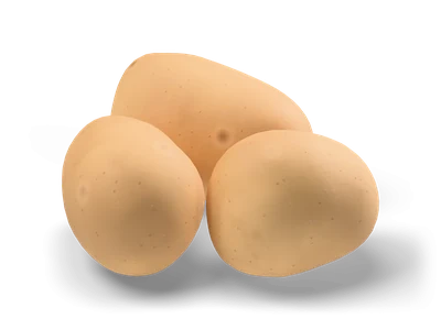 Three stylized golden brown potatoes of different sizes lying together