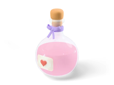 Frasco redondo de cristal con poción rosa luminosa, corcho, lazo lavanda y etiqueta crema con corazón