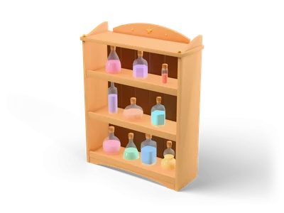 Estantería de roble con tres baldas y once frascos de pociones pastel luminosos con corcho