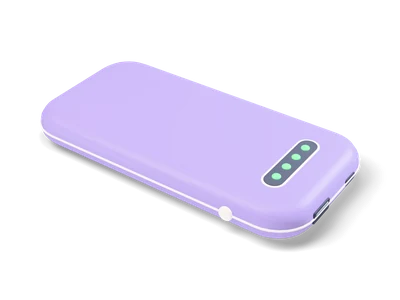 Lavender rounded power bank with a thin cream band, four green charge lights in a dark window and side ports