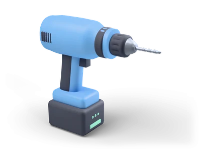 Stylized sky-blue cordless drill standing on its dark battery pack, with a black chuck and a twist bit