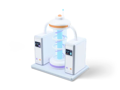 Glass reactor cylinder with a glowing cyan core and lilac spiral between two white cabinets on a grey plate