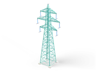 Tall teal lattice transmission tower with three cross arms and hanging blue glass insulator strings