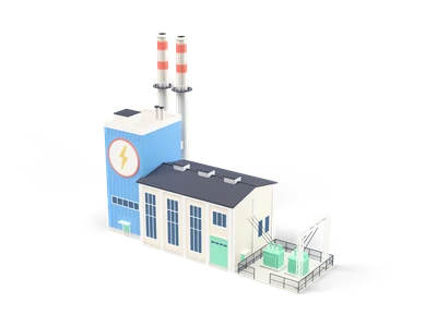 Central eléctrica compacta con sala de turbinas crema, casa de calderas azul con rayo, dos chimeneas con anillos coral y patio de transformadores