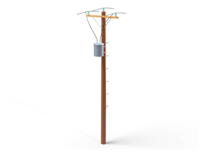 Tall wooden power pole with a crossarm, mint insulators, short cables and a grey transformer can